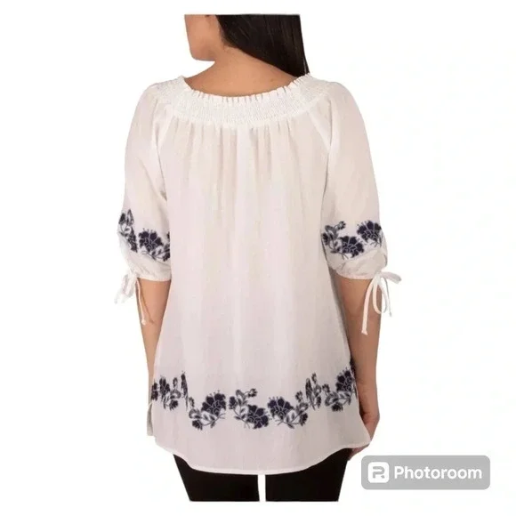 NY Collection Embroidered Elbow Sleeve Peasant Blouse in white, LARGE - Picture 7 of 7